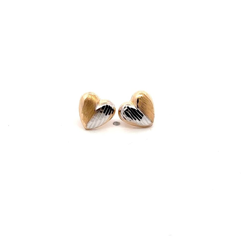 18K Gold Earrings Stud Heart Small Lightweight Two Tone